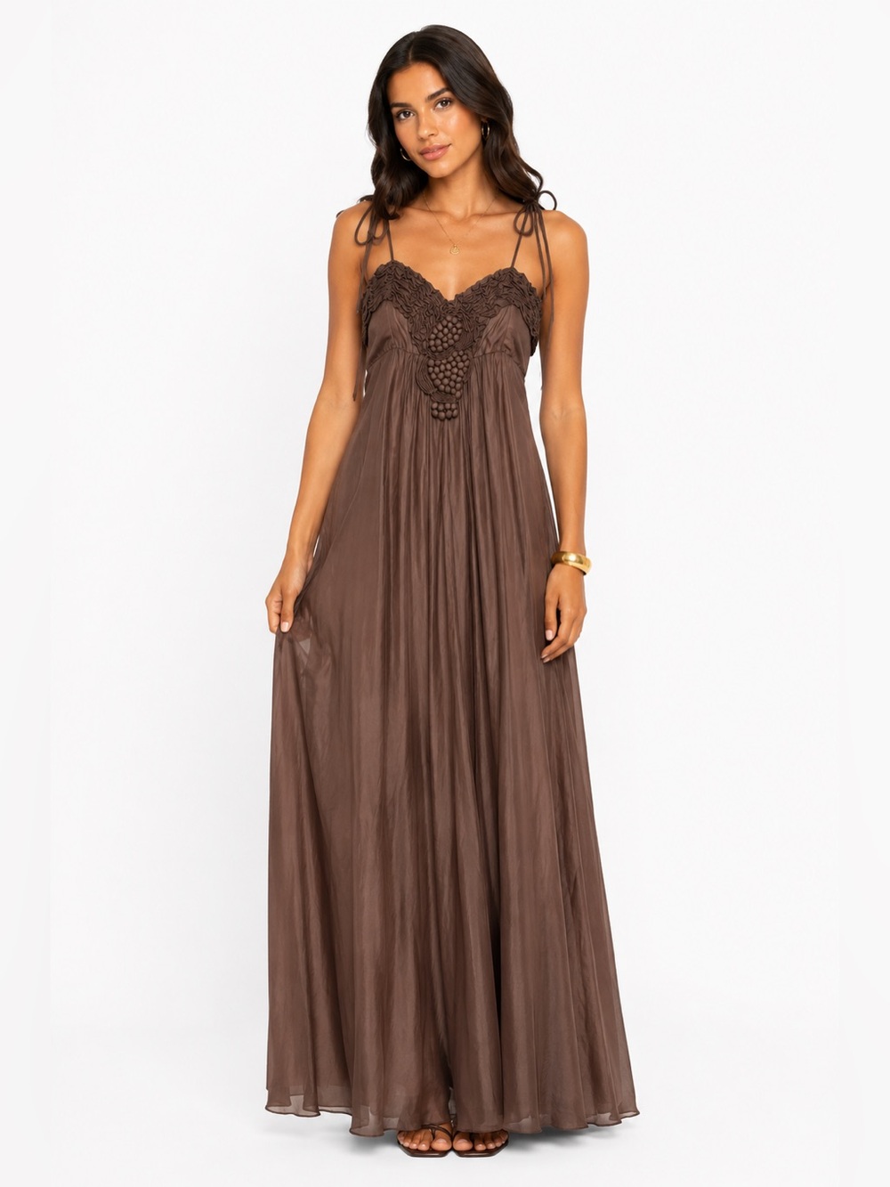 Antik Batik Brown Silk Blend Embellished Tie Strap Maxi Dress XS